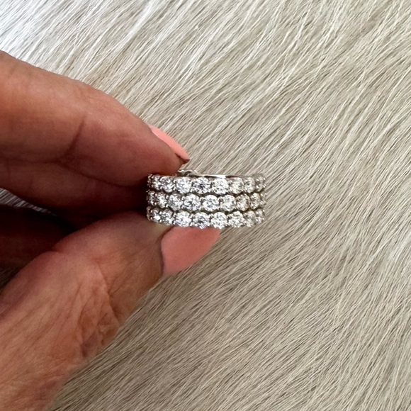 Solid 14k white gold DN 3-row round cut lab created diamond half eternity band - Picture 2 of 14